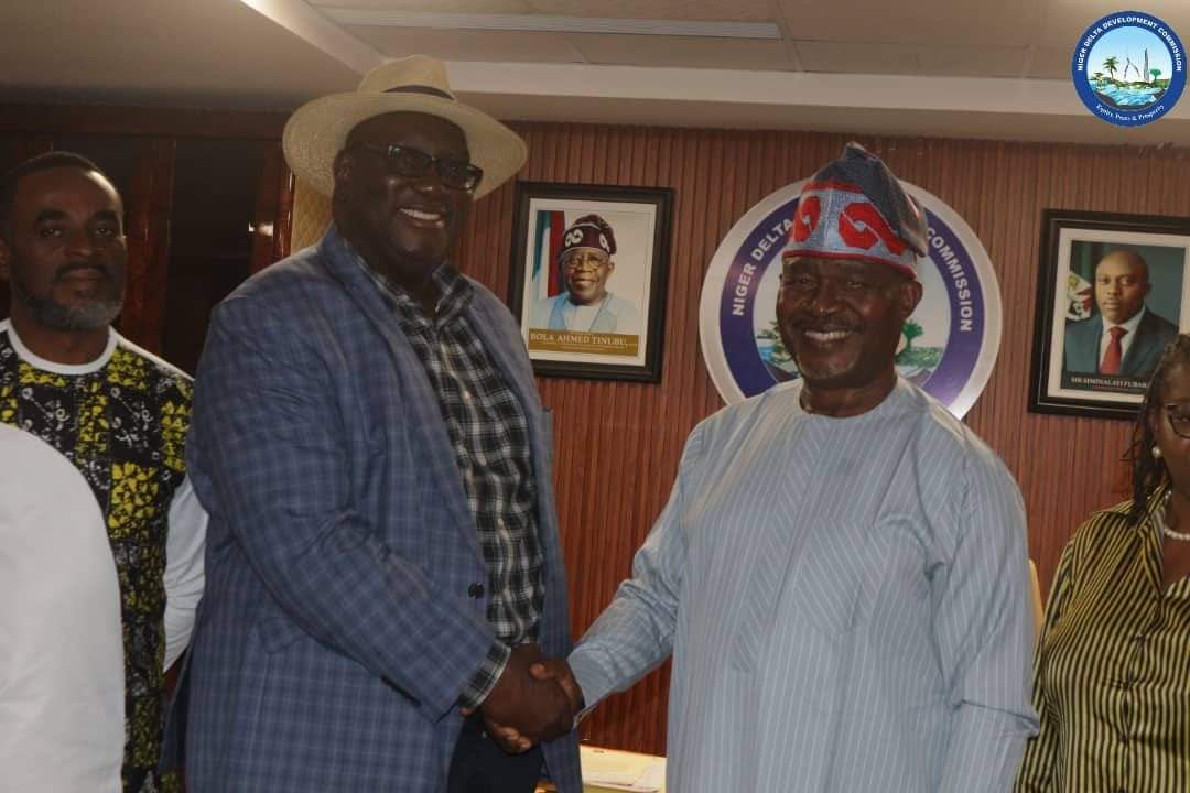 From the right is the NDDC Executive Director, Corporate Services, receiving the chairman of NIPR, Mr. Asuk (left) during courtesy visit.