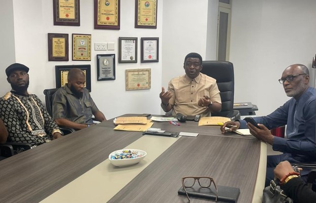 NDDC Director Community and Rural Development, Engr. Theophilus Allagoa (middle) in an interactive session with a delegation of Niger Delta groups from Bonny led by the Chairman of Concerned Citizens of Bonny, Mr. Victor Ibaningo (2nd left), in his office in Port Harcourt, while On the right is the NDDC Director of Security, Mr. Edgar Okpozo.