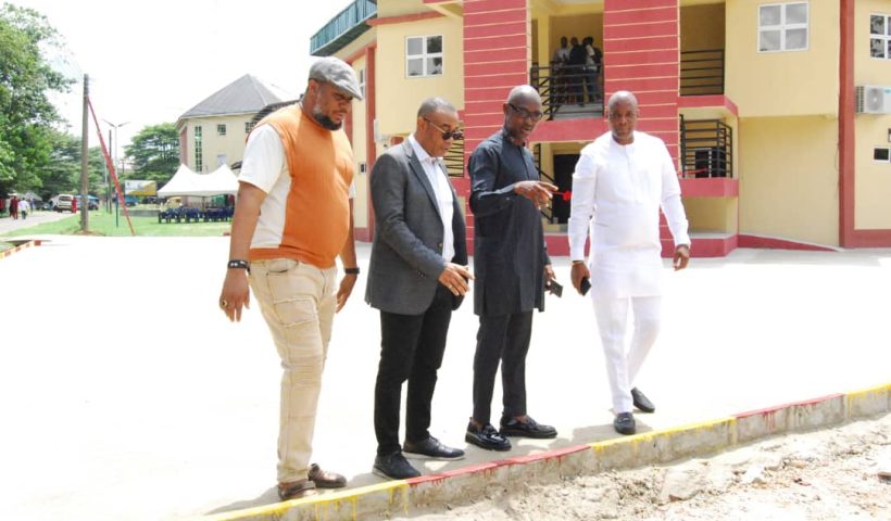 Dr. Obioma Reuben Nwaogbe, SSA to the Governor on Transportation, Mr Christian Chibundu, the CEO Choscharis Mobility, Mr Chukwuma Azode (aka China), the President Cooperative Motor Union Abia State inspecting one of the sites for a charging point meant for the clean energy powered buses that will soon dominate the transport scene in Abia
