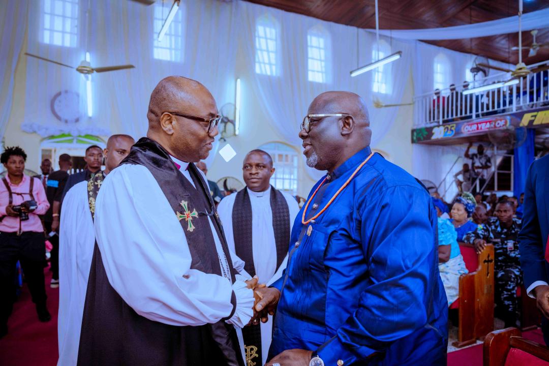 1. Delta State Governor, Rt. Hon. Sheriff Oborevwori (right), in a warm handshake with the Primate of the African Church, His Eminence Julius Olayinka Abbe, during the funeral service of late Mrs. Grace Agbolayah, mother of Dr. Toyin Agbolayah, Special Adviser to the Governor on Community Development.