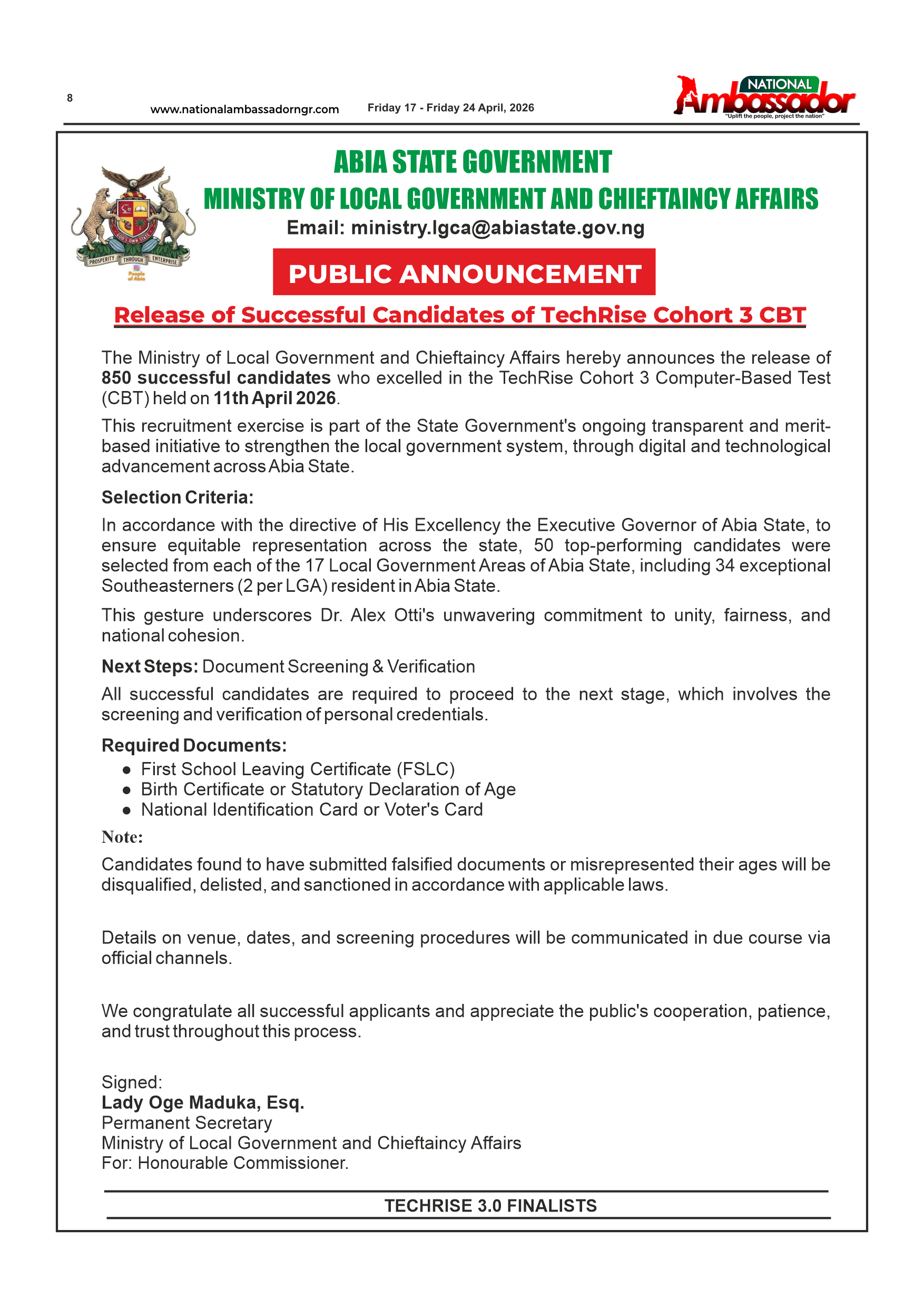 RELEASE OF SUCCESSFUL CANDIDATES OF TECHRISE COHORT 3 CBT