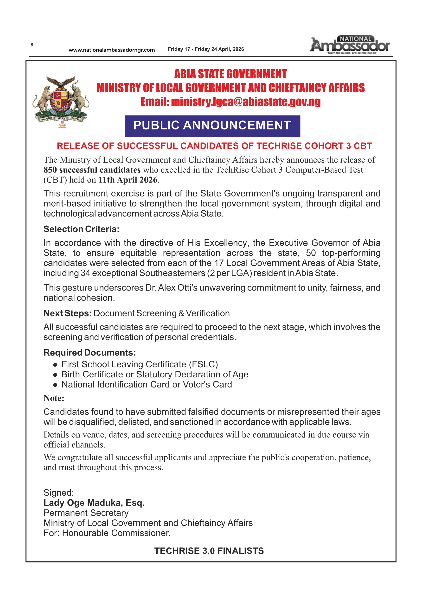 PUBLIC ANNOUNCEMENT - RELEASE OF SUCCESSFUL CANDIDATES OF TECHRISE COHORT 3 CBT